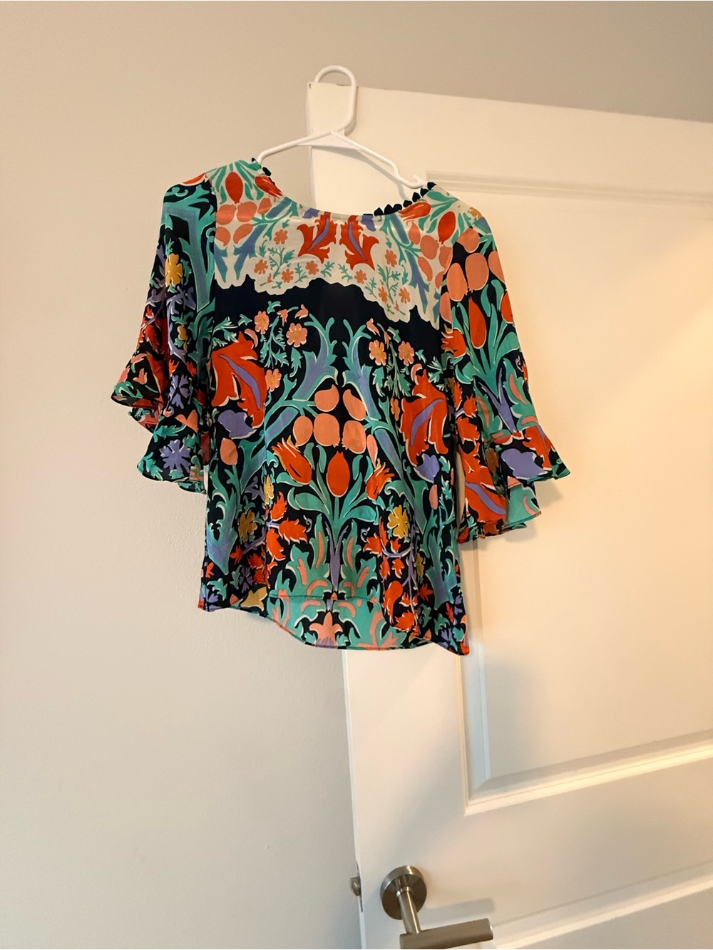 Anthropologie Floral Ruffled Sleeve Blouse - Teal, Orange, Black, Purple